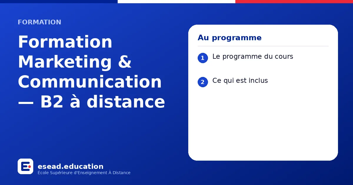 Infographie : Formation Marketing & Communication — B2 à distance — 1. Le programme du cours ; 2. Ce qui est inclus