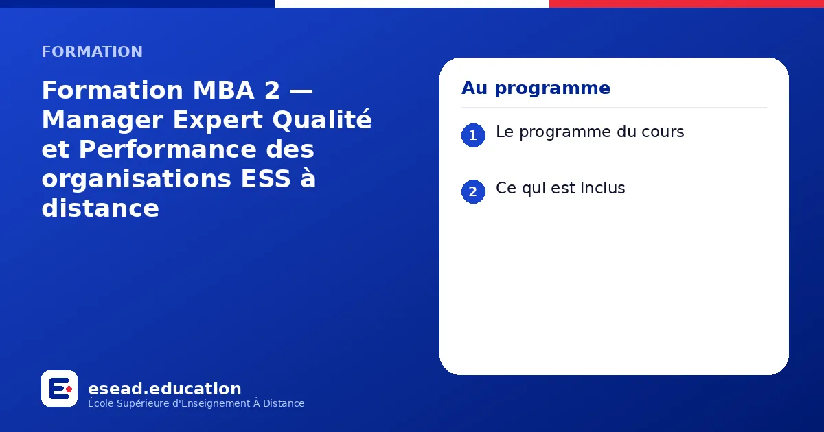 Infographie : Formation MBA 2 — Manager Expert Qualité et Performance des organisations ESS à distance — 1. Le programme du cours ; 2. Ce qui est inclus