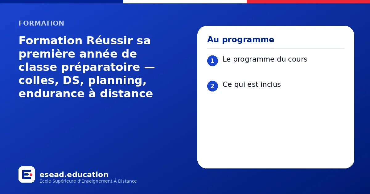 Infographie : Formation Réussir sa première année de classe préparatoire — colles, DS, planning, endurance à distance — 1. Le programme du cours ; 2. Ce qui est inclus