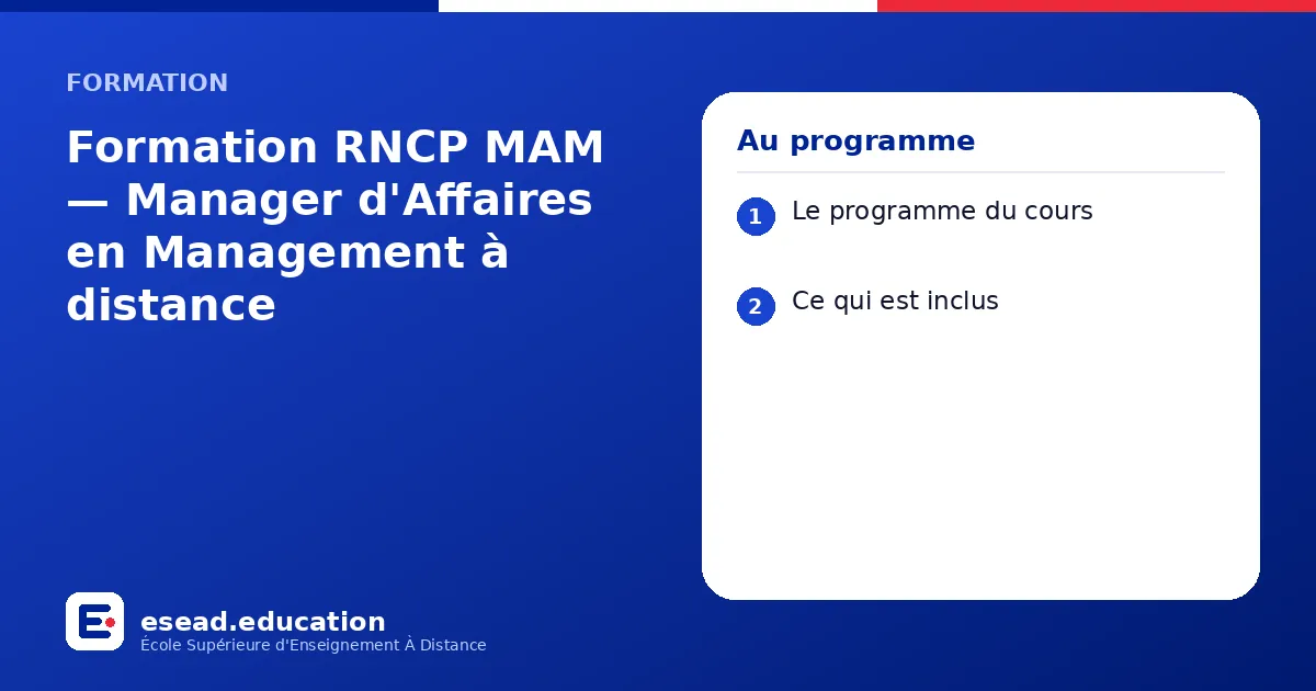 Infographie : Formation RNCP MAM — Manager d'Affaires en Management à distance — 1. Le programme du cours ; 2. Ce qui est inclus
