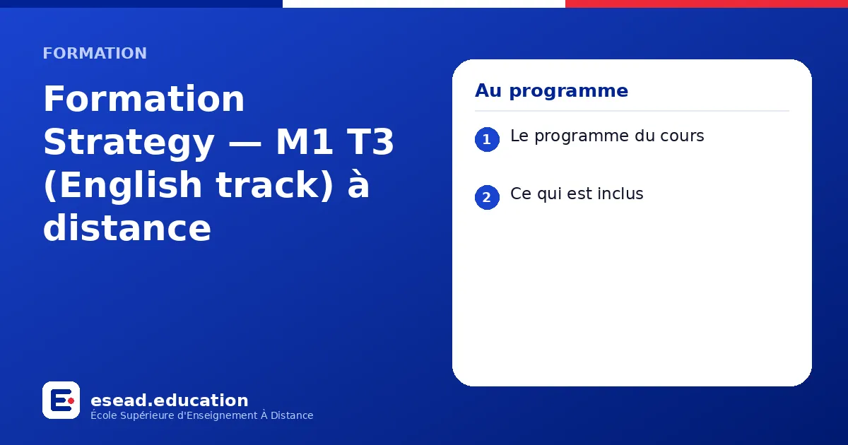 Infographie : Formation Strategy — M1 T3 (English track) à distance — 1. Le programme du cours ; 2. Ce qui est inclus