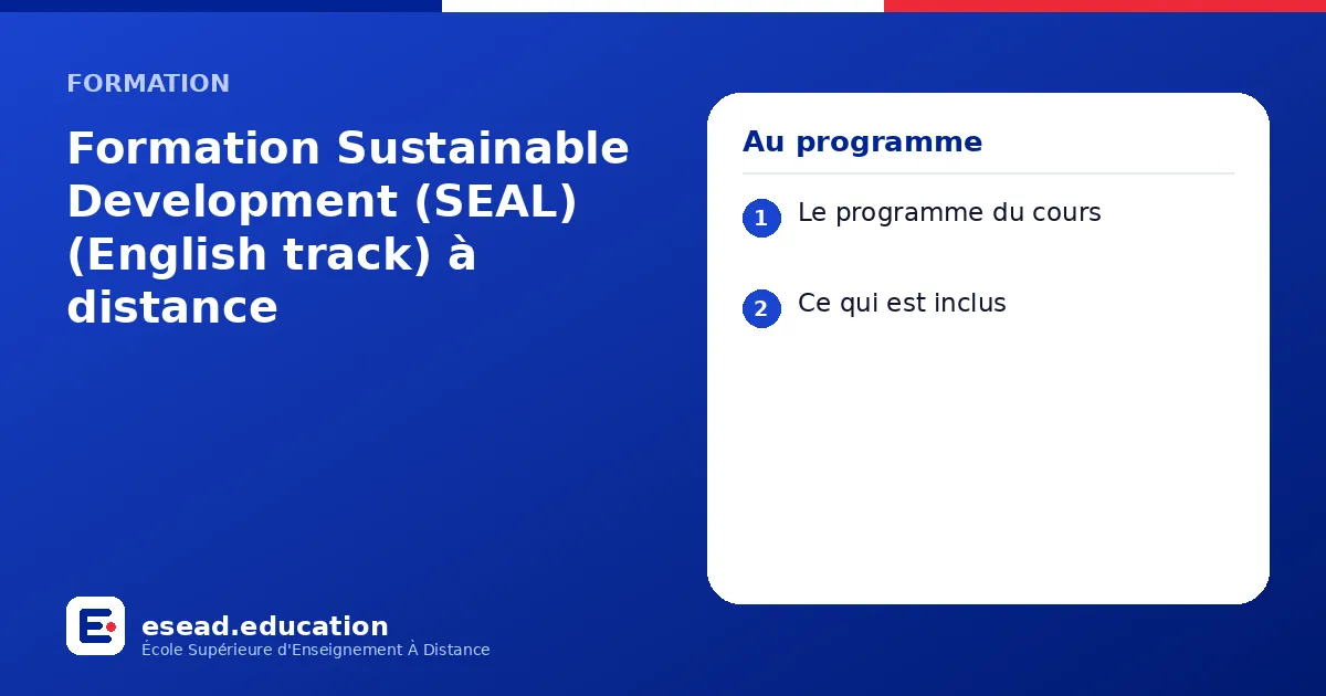 Infographie : Formation Sustainable Development (SEAL) (English track) à distance — 1. Le programme du cours ; 2. Ce qui est inclus