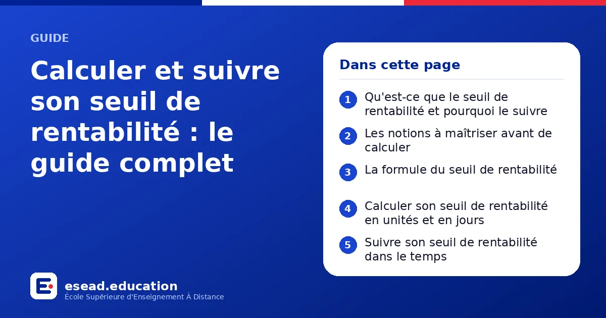 Infographie : Calculer et suivre son seuil de rentabilité : le guide complet — 1. Qu'est-ce que le seuil de rentabilité et pourquoi le suivre ; 2. Les notions à maîtriser avant de calculer ; 3. La formule du seuil de rentabilité ; 4. Calcul