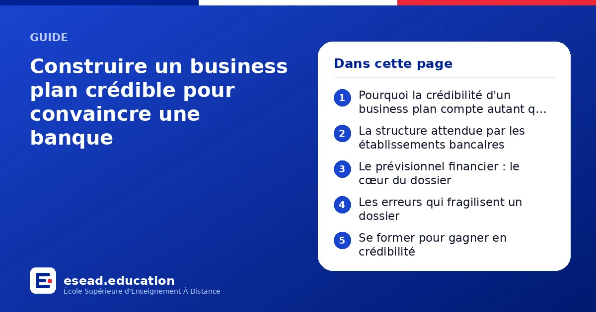 Infographie : Construire un business plan crédible pour convaincre une banque — 1. Pourquoi la crédibilité d'un business plan compte autant que son contenu ; 2. La structure attendue par les établissements bancaires ; 3. Le prévisionnel fin