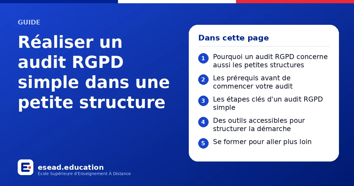 Infographie : Réaliser un audit RGPD simple dans une petite structure — 1. Pourquoi un audit RGPD concerne aussi les petites structures ; 2. Les prérequis avant de commencer votre audit ; 3. Les étapes clés d'un audit RGPD simple ; 4. Des o