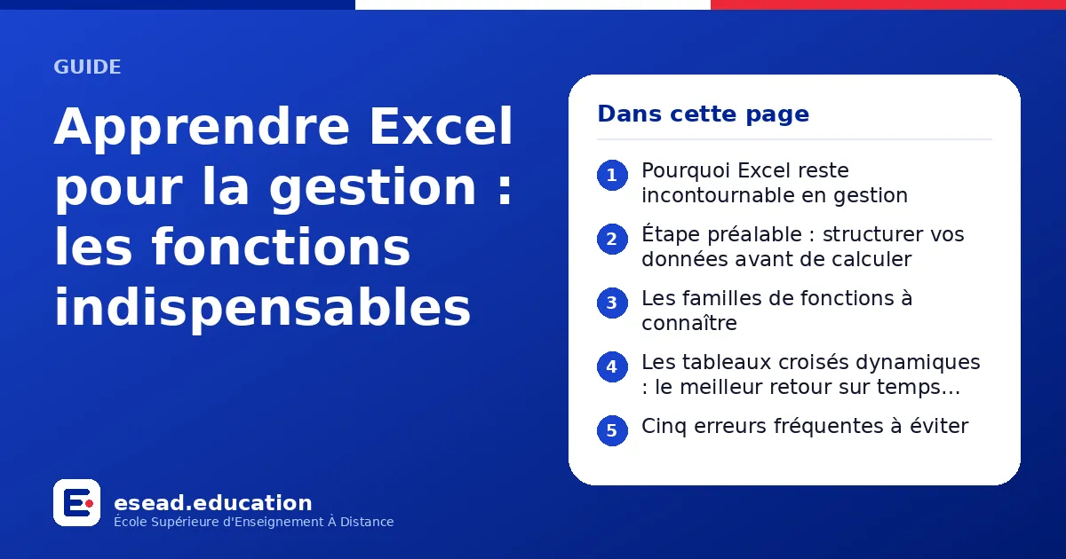 Infographie : Apprendre Excel pour la gestion : les fonctions indispensables — 1. Pourquoi Excel reste incontournable en gestion ; 2. Étape préalable : structurer vos données avant de calculer ; 3. Les familles de fonctions à connaître ; 4.
