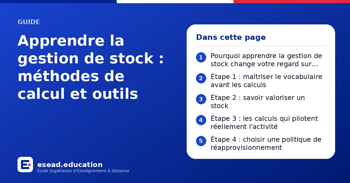 Infographie : Apprendre la gestion de stock : méthodes de calcul et outils — 1. Pourquoi apprendre la gestion de stock change votre regard sur l'entreprise ; 2. Étape 1 : maîtriser le vocabulaire avant les calculs ; 3. Étape 2 : savoir valo
