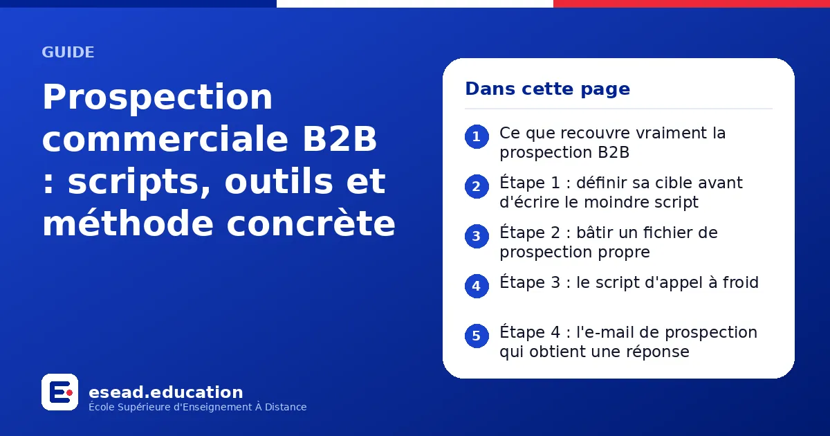 Infographie : Prospection commerciale B2B : scripts, outils et méthode concrète — 1. Ce que recouvre vraiment la prospection B2B ; 2. Étape 1 : définir sa cible avant d'écrire le moindre script ; 3. Étape 2 : bâtir un fichier de prospection