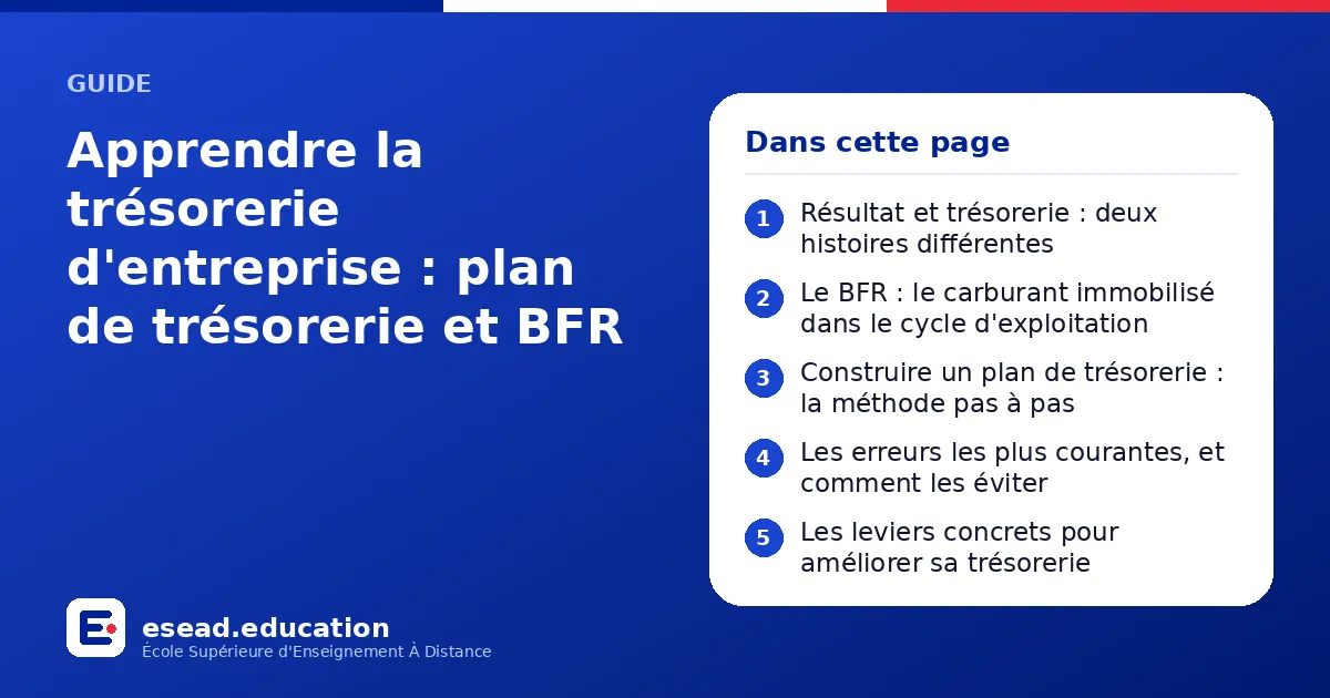 Infographie : Apprendre la trésorerie d'entreprise : plan de trésorerie et BFR — 1. Résultat et trésorerie : deux histoires différentes ; 2. Le BFR : le carburant immobilisé dans le cycle d'exploitation ; 3. Construire un plan de trésorerie
