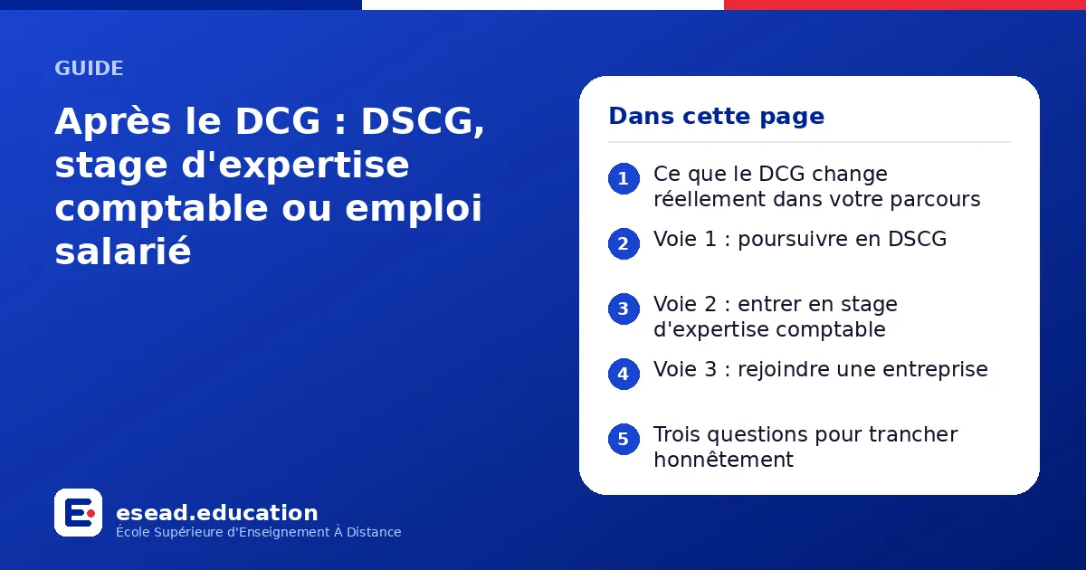 Infographie : Après le DCG : DSCG, stage d'expertise comptable ou emploi salarié — 1. Ce que le DCG change réellement dans votre parcours ; 2. Voie 1 : poursuivre en DSCG ; 3. Voie 2 : entrer en stage d'expertise comptable ; 4. Voie 3 : rej