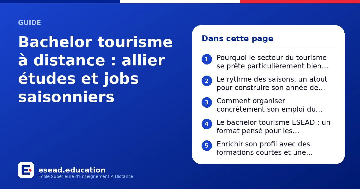 Infographie : Bachelor tourisme à distance : allier études et jobs saisonniers — 1. Pourquoi le secteur du tourisme se prête particulièrement bien à un cursus à distance ; 2. Le rythme des saisons, un atout pour construire son année de bach