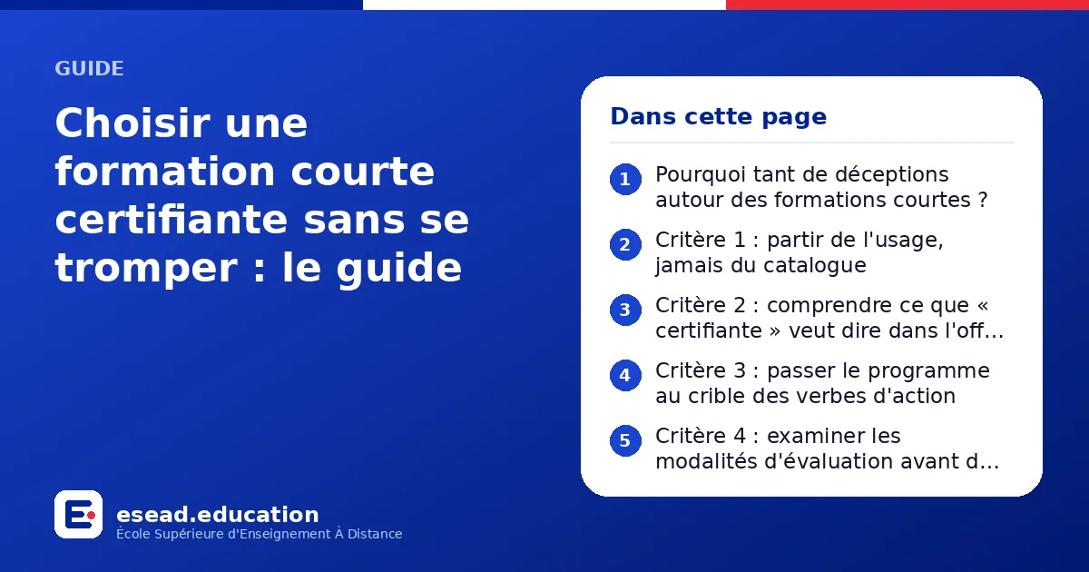 Infographie : Choisir une formation courte certifiante sans se tromper : le guide — 1. Pourquoi tant de déceptions autour des formations courtes ? ; 2. Critère 1 : partir de l'usage, jamais du catalogue ; 3. Critère 2 : comprendre ce que « 