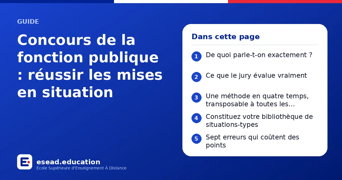 Infographie : Concours de la fonction publique : réussir les mises en situation — 1. De quoi parle-t-on exactement ? ; 2. Ce que le jury évalue vraiment ; 3. Une méthode en quatre temps, transposable à toutes les situations ; 4. Constituez 