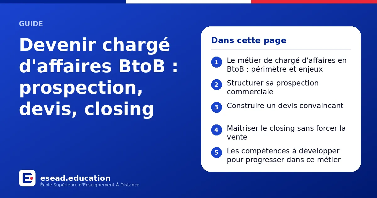 Infographie : Devenir chargé d'affaires BtoB : prospection, devis, closing — 1. Le métier de chargé d'affaires en BtoB : périmètre et enjeux ; 2. Structurer sa prospection commerciale ; 3. Construire un devis convaincant ; 4. Maîtriser le c