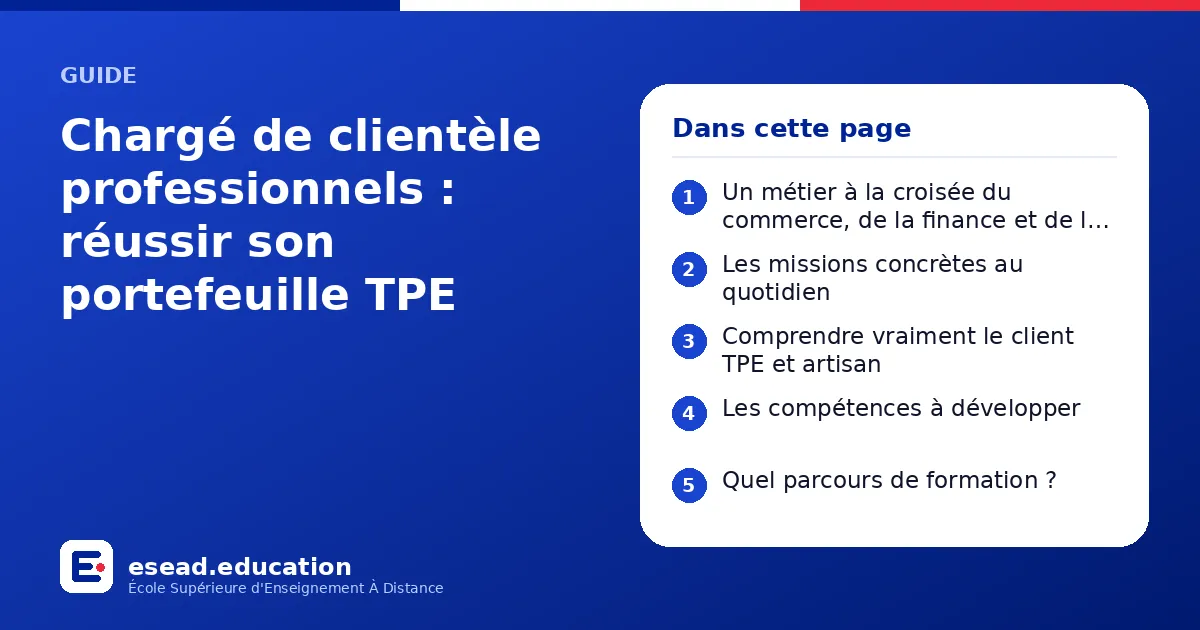 Infographie : Chargé de clientèle professionnels : réussir son portefeuille TPE — 1. Un métier à la croisée du commerce, de la finance et de la relation humaine ; 2. Les missions concrètes au quotidien ; 3. Comprendre vraiment le client TPE