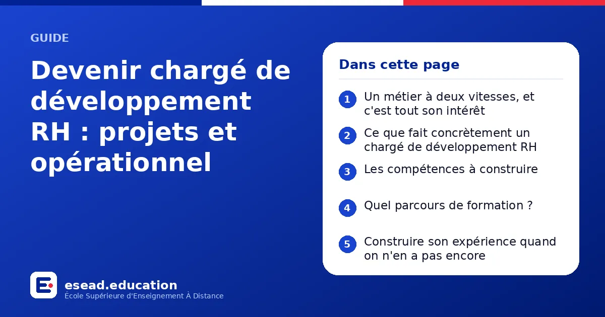 Infographie : Devenir chargé de développement RH : projets et opérationnel — 1. Un métier à deux vitesses, et c'est tout son intérêt ; 2. Ce que fait concrètement un chargé de développement RH ; 3. Les compétences à construire ; 4. Quel par