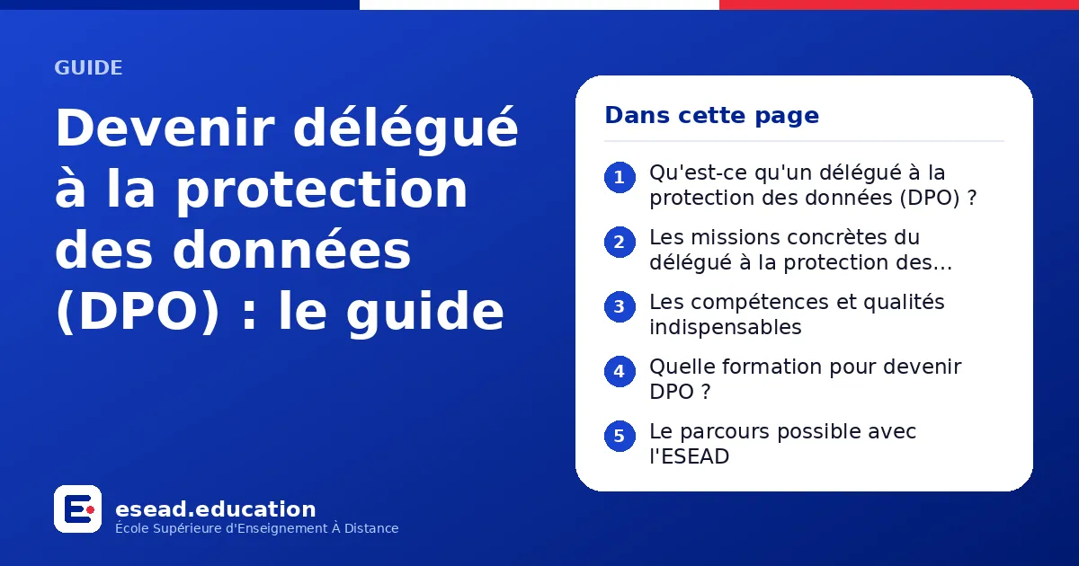 Infographie : Devenir délégué à la protection des données (DPO) : le guide — 1. Qu'est-ce qu'un délégué à la protection des données (DPO) ? ; 2. Les missions concrètes du délégué à la protection des données ; 3. Les compétences et qualités