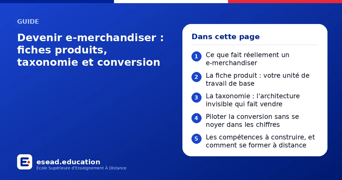 Infographie : Devenir e-merchandiser : fiches produits, taxonomie et conversion — 1. Ce que fait réellement un e-merchandiser ; 2. La fiche produit : votre unité de travail de base ; 3. La taxonomie : l'architecture invisible qui fait vendr