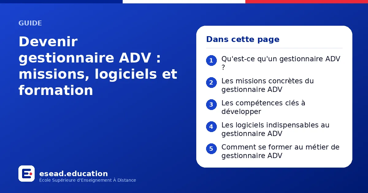 Infographie : Devenir gestionnaire ADV : missions, logiciels et formation — 1. Qu'est-ce qu'un gestionnaire ADV ? ; 2. Les missions concrètes du gestionnaire ADV ; 3. Les compétences clés à développer ; 4. Les logiciels indispensables au ge