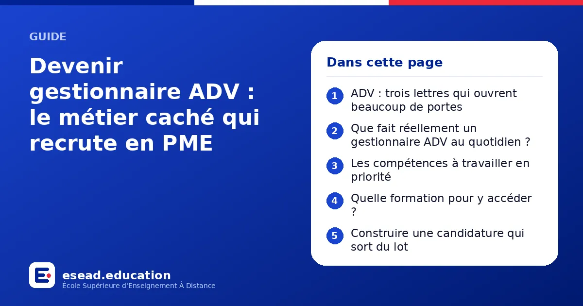 Infographie : Devenir gestionnaire ADV : le métier caché qui recrute en PME — 1. ADV : trois lettres qui ouvrent beaucoup de portes ; 2. Que fait réellement un gestionnaire ADV au quotidien ? ; 3. Les compétences à travailler en priorité ; 