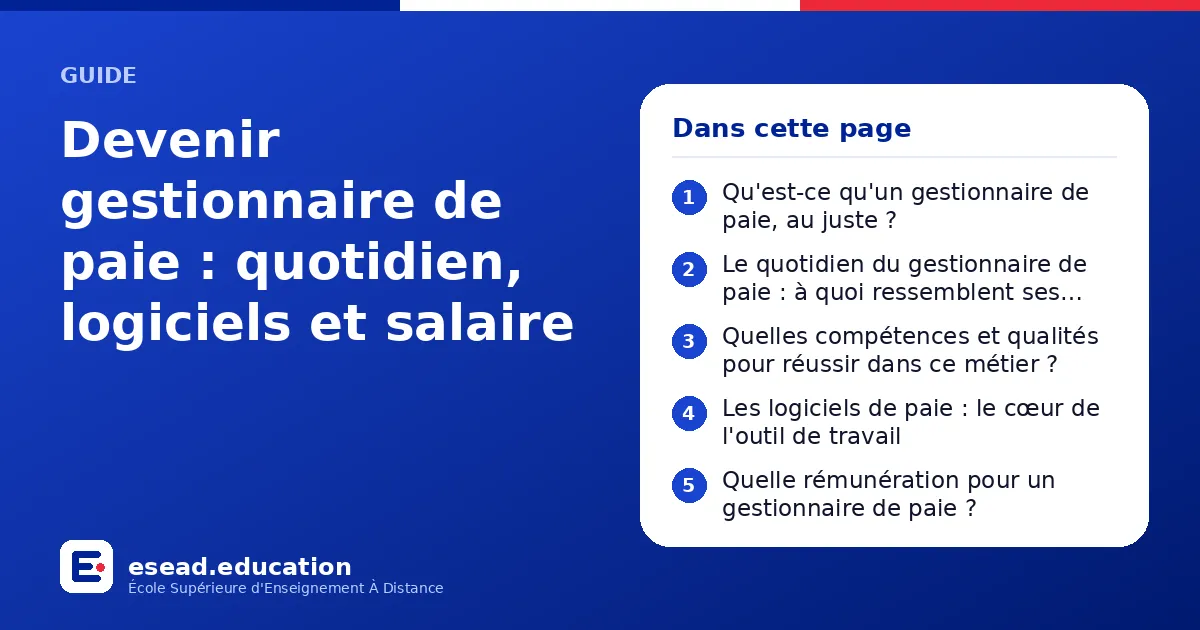 Infographie : Devenir gestionnaire de paie : quotidien, logiciels et salaire — 1. Qu'est-ce qu'un gestionnaire de paie, au juste ? ; 2. Le quotidien du gestionnaire de paie : à quoi ressemblent ses journées ? ; 3. Quelles compétences et qua