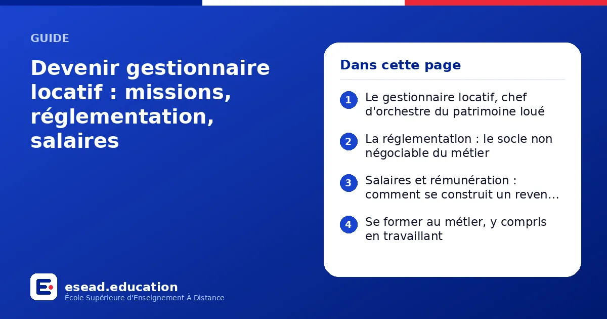 Infographie : Devenir gestionnaire locatif : missions, réglementation, salaires — 1. Le gestionnaire locatif, chef d'orchestre du patrimoine loué ; 2. La réglementation : le socle non négociable du métier ; 3. Salaires et rémunération : com