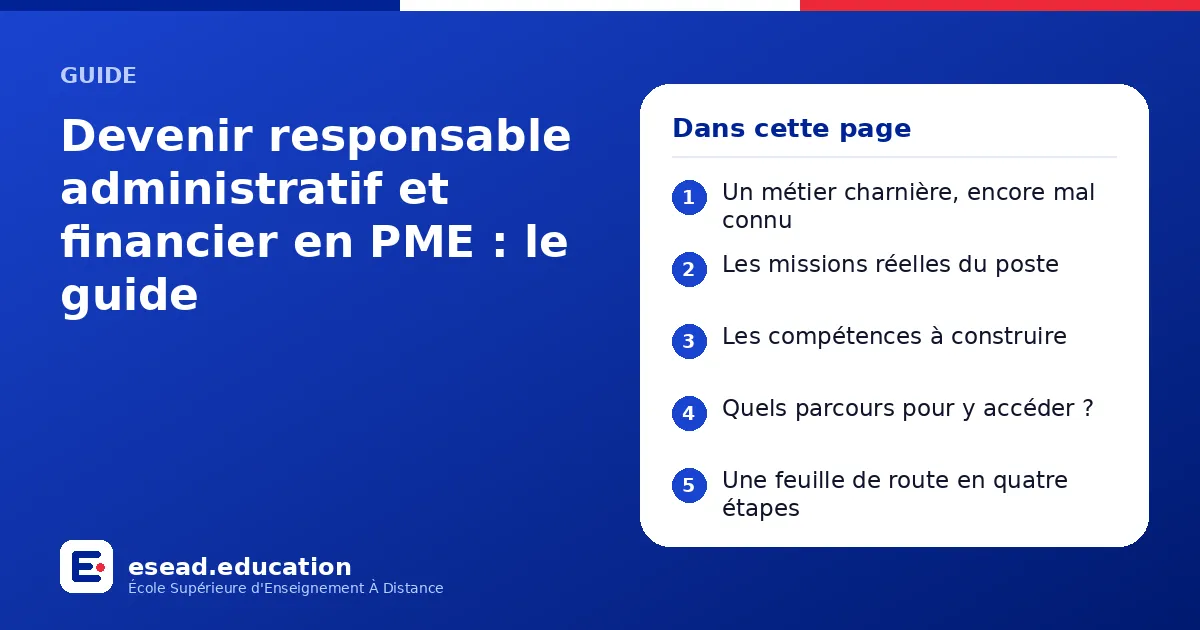 Infographie : Devenir responsable administratif et financier en PME : le guide — 1. Un métier charnière, encore mal connu ; 2. Les missions réelles du poste ; 3. Les compétences à construire ; 4. Quels parcours pour y accéder ? ; 5. Une feu