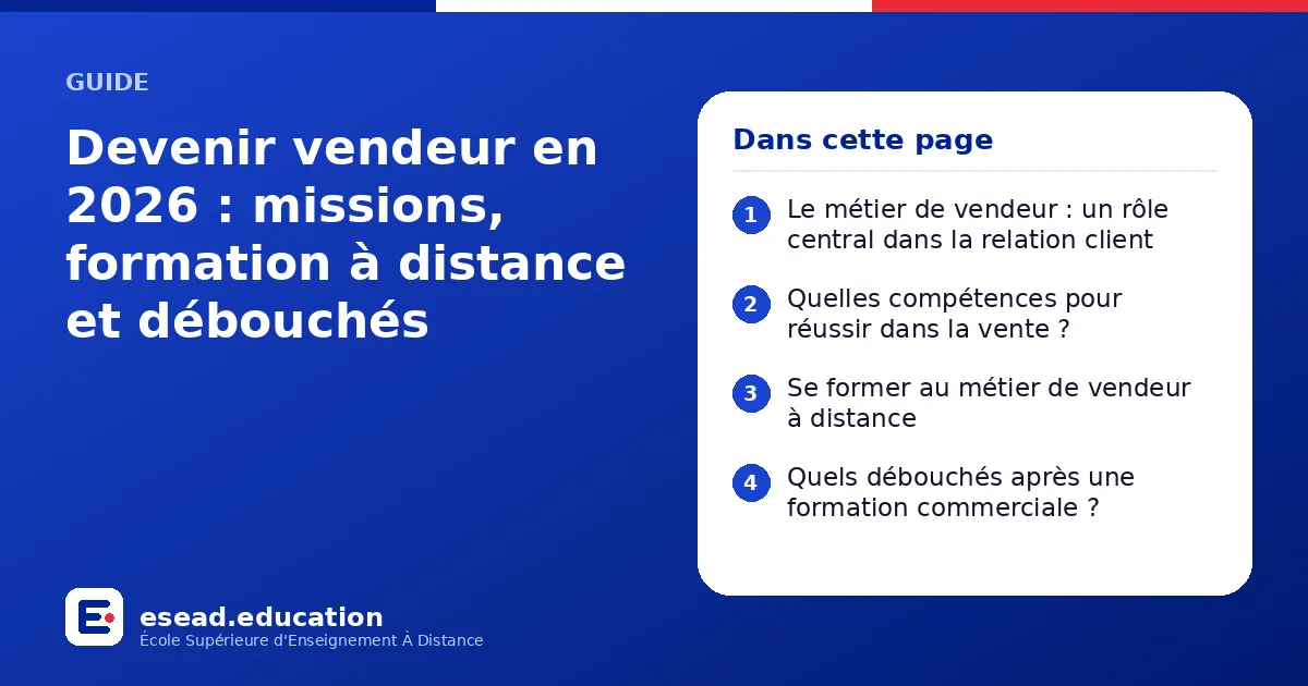 Infographie : Devenir vendeur en 2026 : missions, formation à distance et débouchés — 1. Le métier de vendeur : un rôle central dans la relation client ; 2. Quelles compétences pour réussir dans la vente ? ; 3. Se former au métier de vendeu