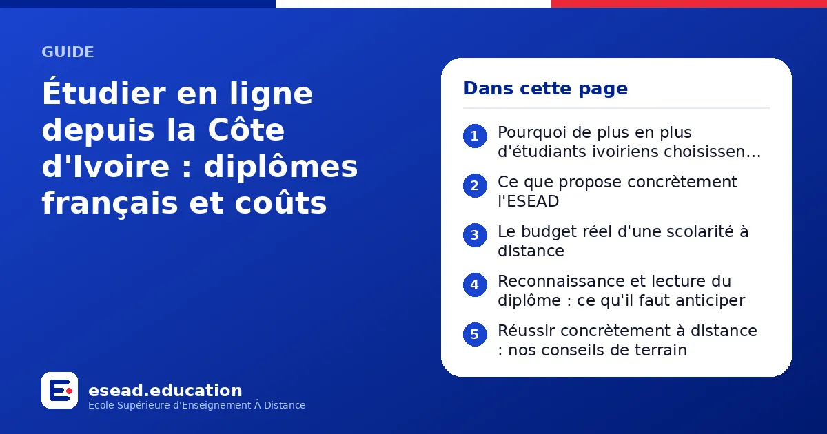 Infographie : Étudier en ligne depuis la Côte d'Ivoire : diplômes français et coûts — 1. Pourquoi de plus en plus d'étudiants ivoiriens choisissent la formation à distance ; 2. Ce que propose concrètement l'ESEAD ; 3. Le budget réel d'une s