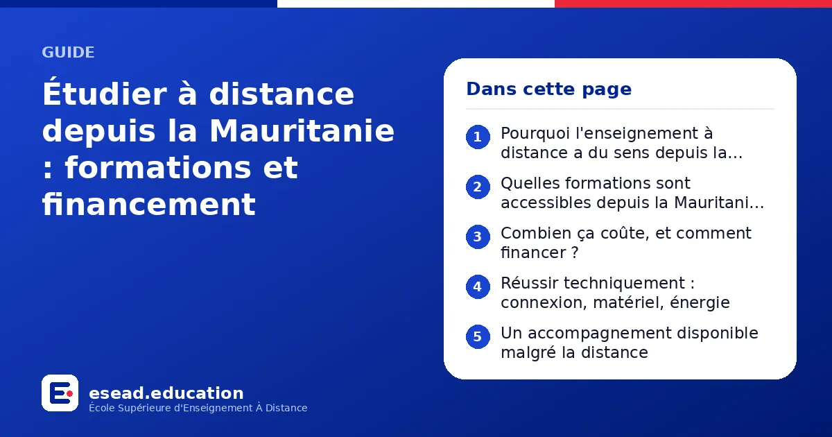 Infographie : Étudier à distance depuis la Mauritanie : formations et financement — 1. Pourquoi l'enseignement à distance a du sens depuis la Mauritanie ; 2. Quelles formations sont accessibles depuis la Mauritanie ? ; 3. Combien ça coûte, 