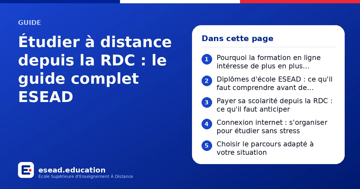 Infographie : Étudier à distance depuis la RDC : le guide complet ESEAD — 1. Pourquoi la formation en ligne intéresse de plus en plus d'étudiants de RDC ; 2. Diplômes d'école ESEAD : ce qu'il faut comprendre avant de s'inscrire ; 3. Payer s