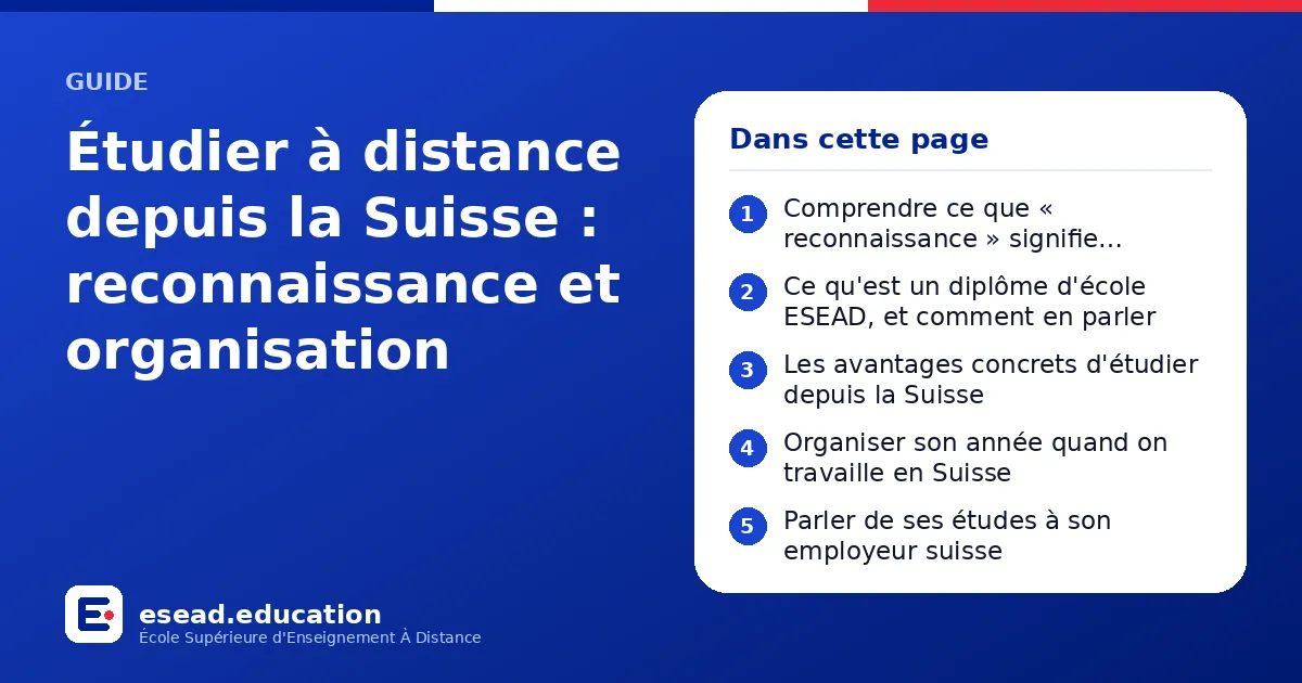Infographie : Étudier à distance depuis la Suisse : reconnaissance et organisation — 1. Comprendre ce que « reconnaissance » signifie réellement en Suisse ; 2. Ce qu'est un diplôme d'école ESEAD, et comment en parler ; 3. Les avantages conc