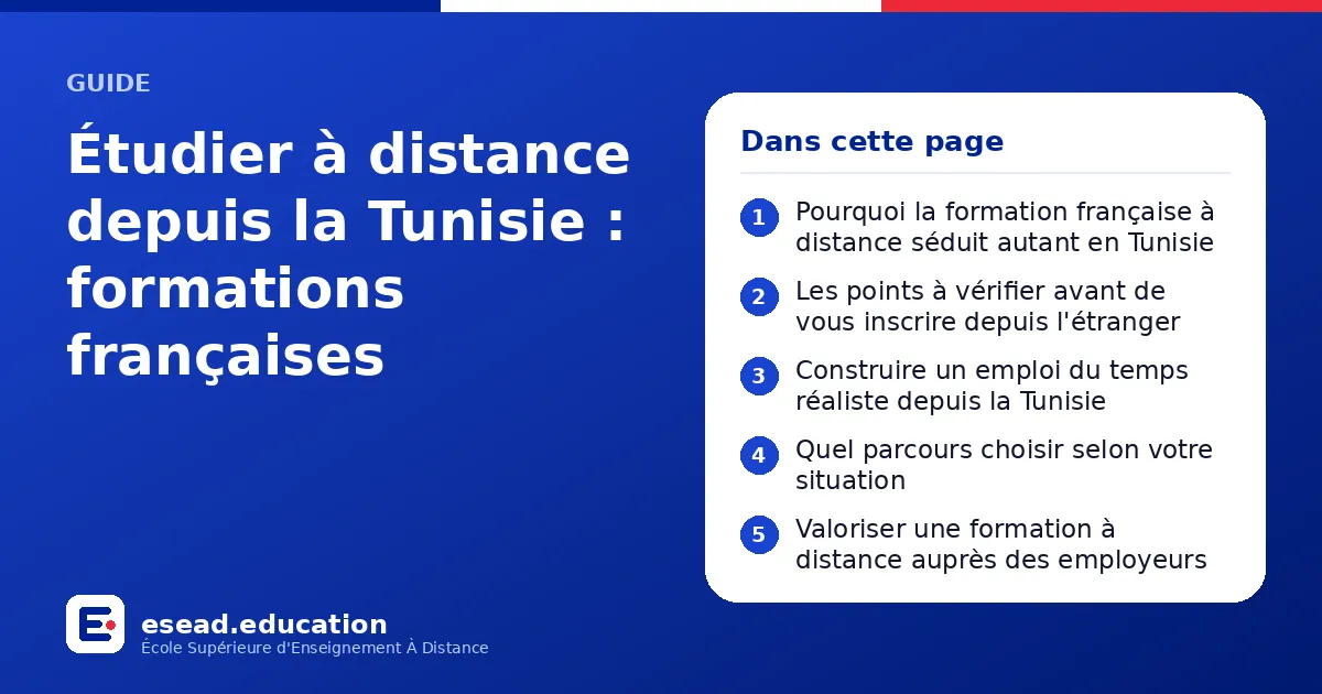 Infographie : Étudier à distance depuis la Tunisie : formations françaises — 1. Pourquoi la formation française à distance séduit autant en Tunisie ; 2. Les points à vérifier avant de vous inscrire depuis l'étranger ; 3. Construire un emplo
