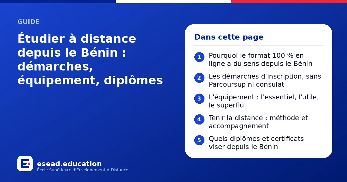 Infographie : Étudier à distance depuis le Bénin : démarches, équipement, diplômes — 1. Pourquoi le format 100 % en ligne a du sens depuis le Bénin ; 2. Les démarches d'inscription, sans Parcoursup ni consulat ; 3. L'équipement : l'essentie
