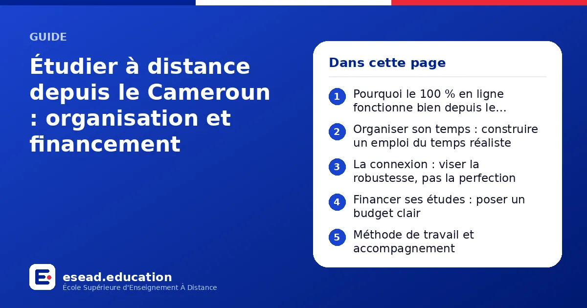 Infographie : Étudier à distance depuis le Cameroun : organisation et financement — 1. Pourquoi le 100 % en ligne fonctionne bien depuis le Cameroun ; 2. Organiser son temps : construire un emploi du temps réaliste ; 3. La connexion : viser