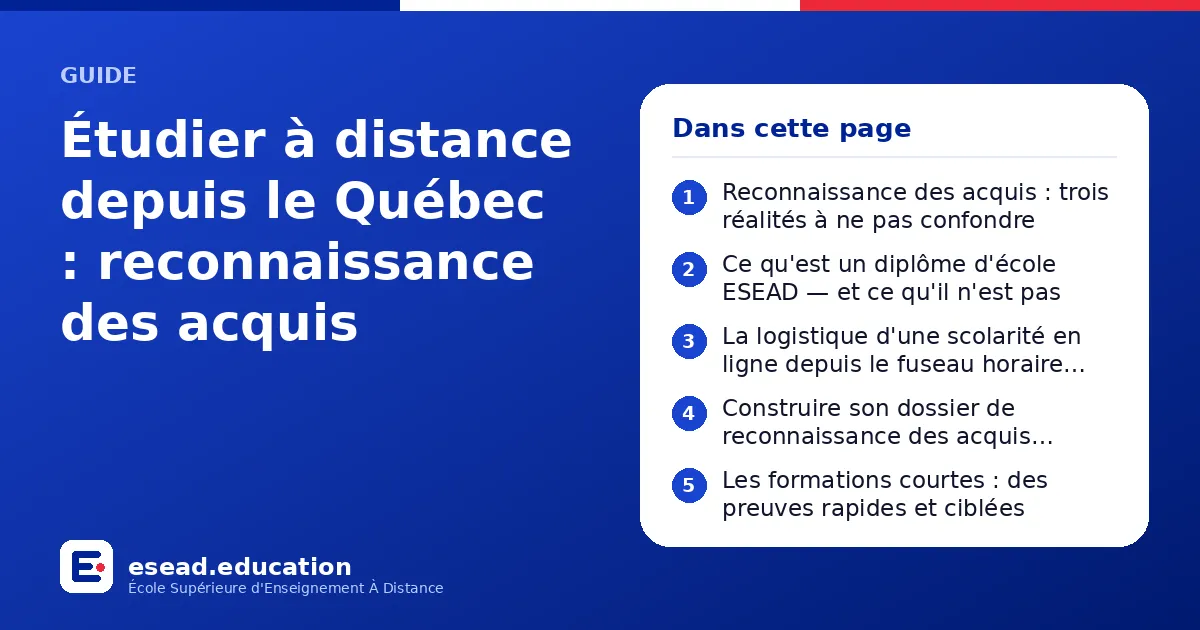Infographie : Étudier à distance depuis le Québec : reconnaissance des acquis — 1. Reconnaissance des acquis : trois réalités à ne pas confondre ; 2. Ce qu'est un diplôme d'école ESEAD — et ce qu'il n'est pas ; 3. La logistique d'une scolar