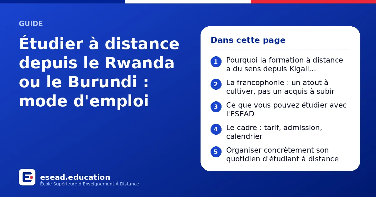 Infographie : Étudier à distance depuis le Rwanda ou le Burundi : mode d'emploi — 1. Pourquoi la formation à distance a du sens depuis Kigali, Bujumbura ou Gitega ; 2. La francophonie : un atout à cultiver, pas un acquis à subir ; 3. Ce que