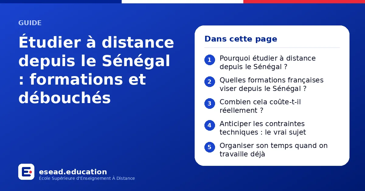 Infographie : Étudier à distance depuis le Sénégal : formations et débouchés — 1. Pourquoi étudier à distance depuis le Sénégal ? ; 2. Quelles formations françaises viser depuis le Sénégal ? ; 3. Combien cela coûte-t-il réellement ? ; 4. An