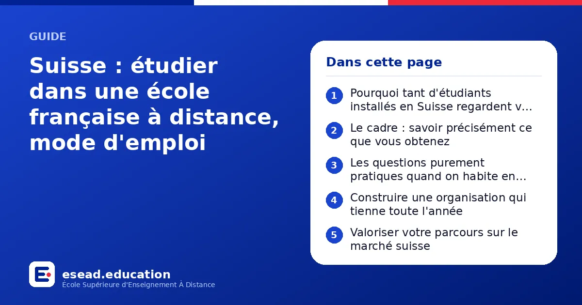 Infographie : Suisse : étudier dans une école française à distance, mode d'emploi — 1. Pourquoi tant d'étudiants installés en Suisse regardent vers la France ; 2. Le cadre : savoir précisément ce que vous obtenez ; 3. Les questions purement