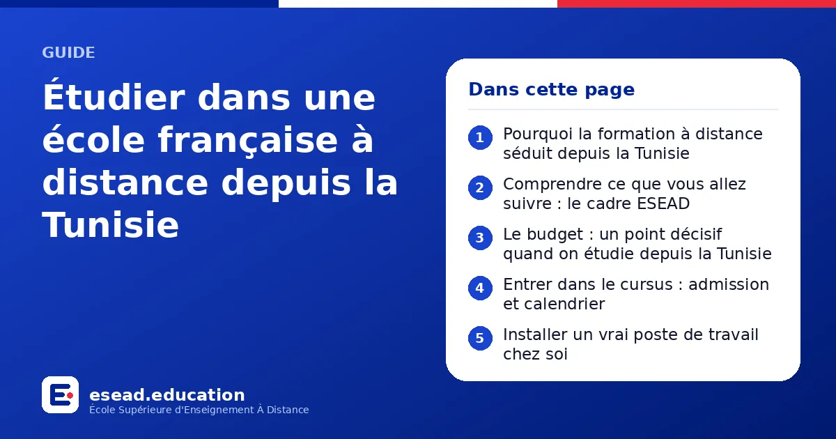 Infographie : Étudier dans une école française à distance depuis la Tunisie — 1. Pourquoi la formation à distance séduit depuis la Tunisie ; 2. Comprendre ce que vous allez suivre : le cadre ESEAD ; 3. Le budget : un point décisif quand on 