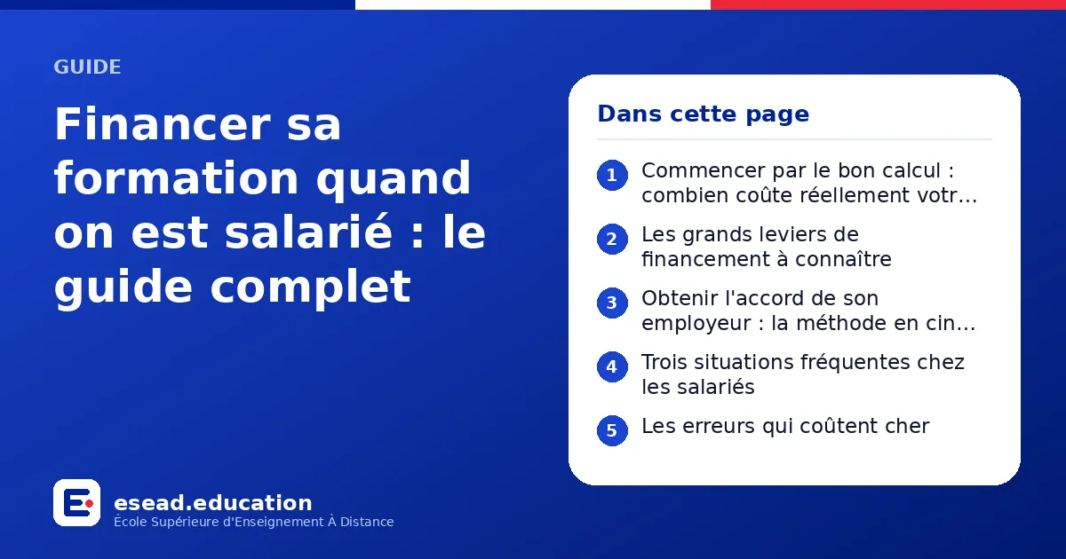 Infographie : Financer sa formation quand on est salarié : le guide complet — 1. Commencer par le bon calcul : combien coûte réellement votre projet ? ; 2. Les grands leviers de financement à connaître ; 3. Obtenir l'accord de son employeur