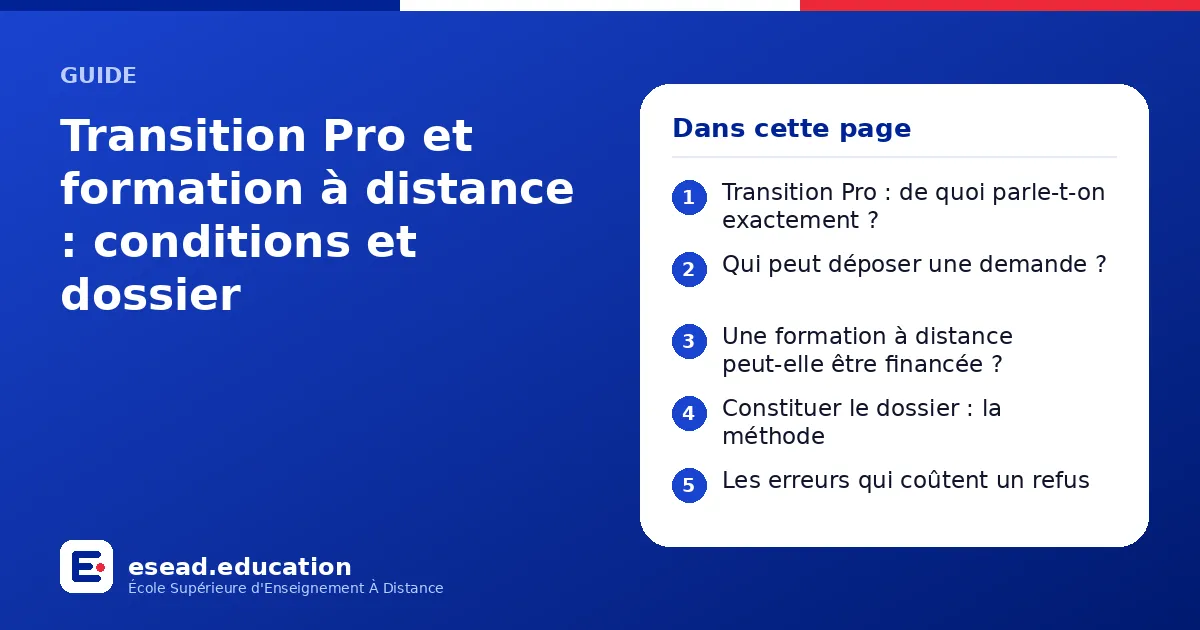 Infographie : Transition Pro et formation à distance : conditions et dossier — 1. Transition Pro : de quoi parle-t-on exactement ? ; 2. Qui peut déposer une demande ? ; 3. Une formation à distance peut-elle être financée ? ; 4. Constituer l