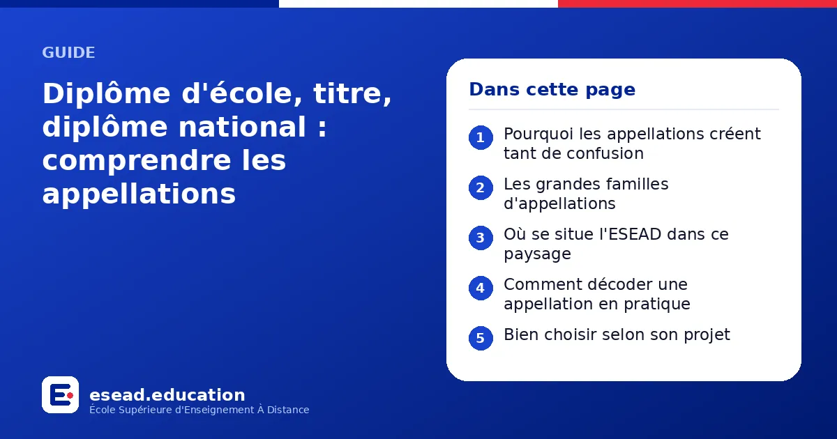Infographie : Diplôme d'école, titre, diplôme national : comprendre les appellations — 1. Pourquoi les appellations créent tant de confusion ; 2. Les grandes familles d'appellations ; 3. Où se situe l'ESEAD dans ce paysage ; 4. Comment déco