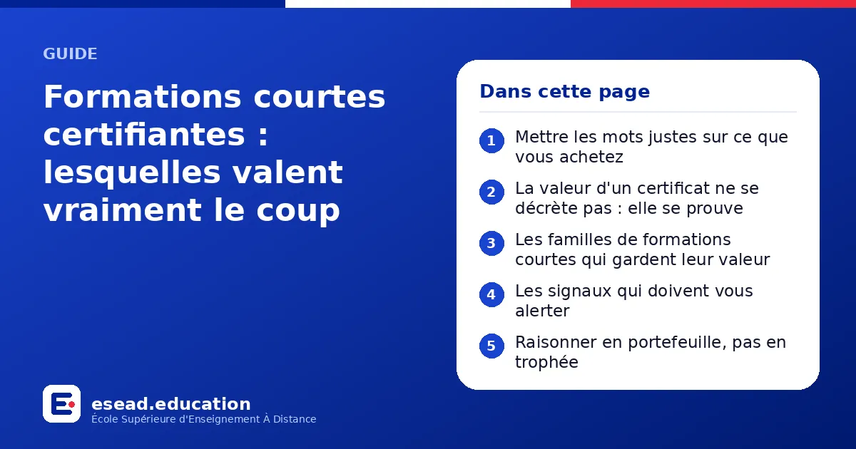 Infographie : Formations courtes certifiantes : lesquelles valent vraiment le coup — 1. Mettre les mots justes sur ce que vous achetez ; 2. La valeur d'un certificat ne se décrète pas : elle se prouve ; 3. Les familles de formations courtes