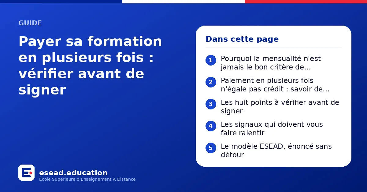 Infographie : Payer sa formation en plusieurs fois : vérifier avant de signer — 1. Pourquoi la mensualité n'est jamais le bon critère de comparaison ; 2. Paiement en plusieurs fois n'égale pas crédit : savoir de quoi on parle ; 3. Les huit 