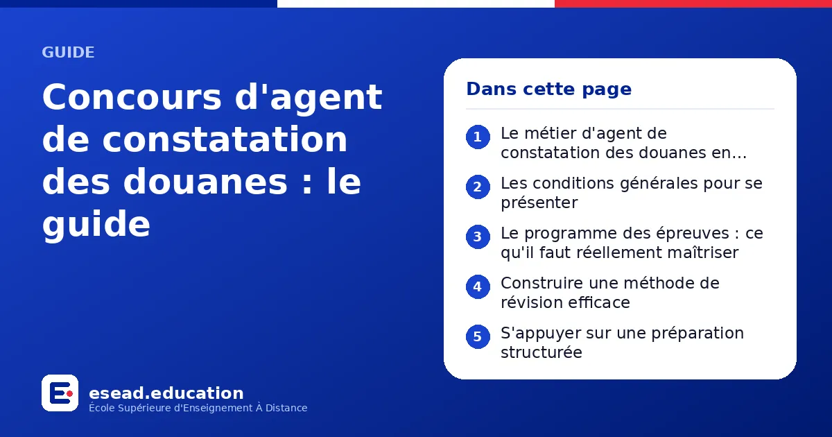 Infographie : Concours d'agent de constatation des douanes : le guide — 1. Le métier d'agent de constatation des douanes en quelques mots ; 2. Les conditions générales pour se présenter ; 3. Le programme des épreuves : ce qu'il faut réellem