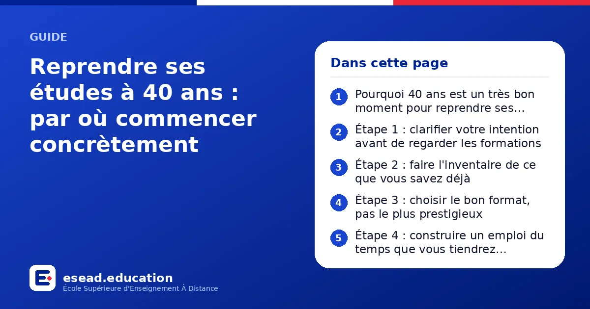 Infographie : Reprendre ses études à 40 ans : par où commencer concrètement — 1. Pourquoi 40 ans est un très bon moment pour reprendre ses études ; 2. Étape 1 : clarifier votre intention avant de regarder les formations ; 3. Étape 2 : faire