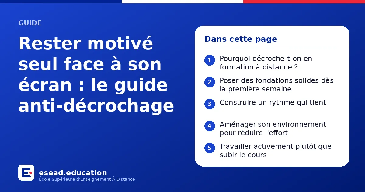 Infographie : Rester motivé seul face à son écran : le guide anti-décrochage — 1. Pourquoi décroche-t-on en formation à distance ? ; 2. Poser des fondations solides dès la première semaine ; 3. Construire un rythme qui tient ; 4. Aménager s