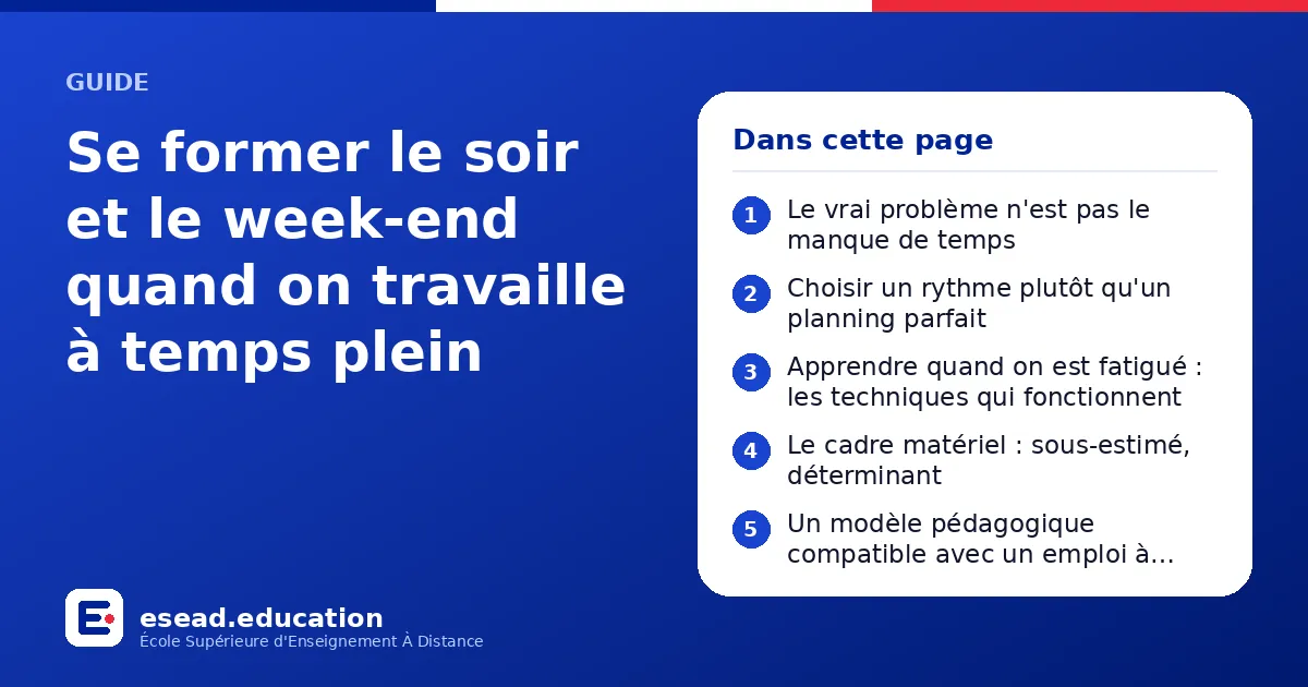 Infographie : Se former le soir et le week-end quand on travaille à temps plein — 1. Le vrai problème n'est pas le manque de temps ; 2. Choisir un rythme plutôt qu'un planning parfait ; 3. Apprendre quand on est fatigué : les techniques qui
