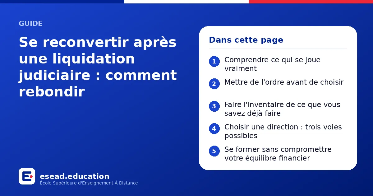 Infographie : Se reconvertir après une liquidation judiciaire : comment rebondir — 1. Comprendre ce qui se joue vraiment ; 2. Mettre de l'ordre avant de choisir ; 3. Faire l'inventaire de ce que vous savez déjà faire ; 4. Choisir une direct
